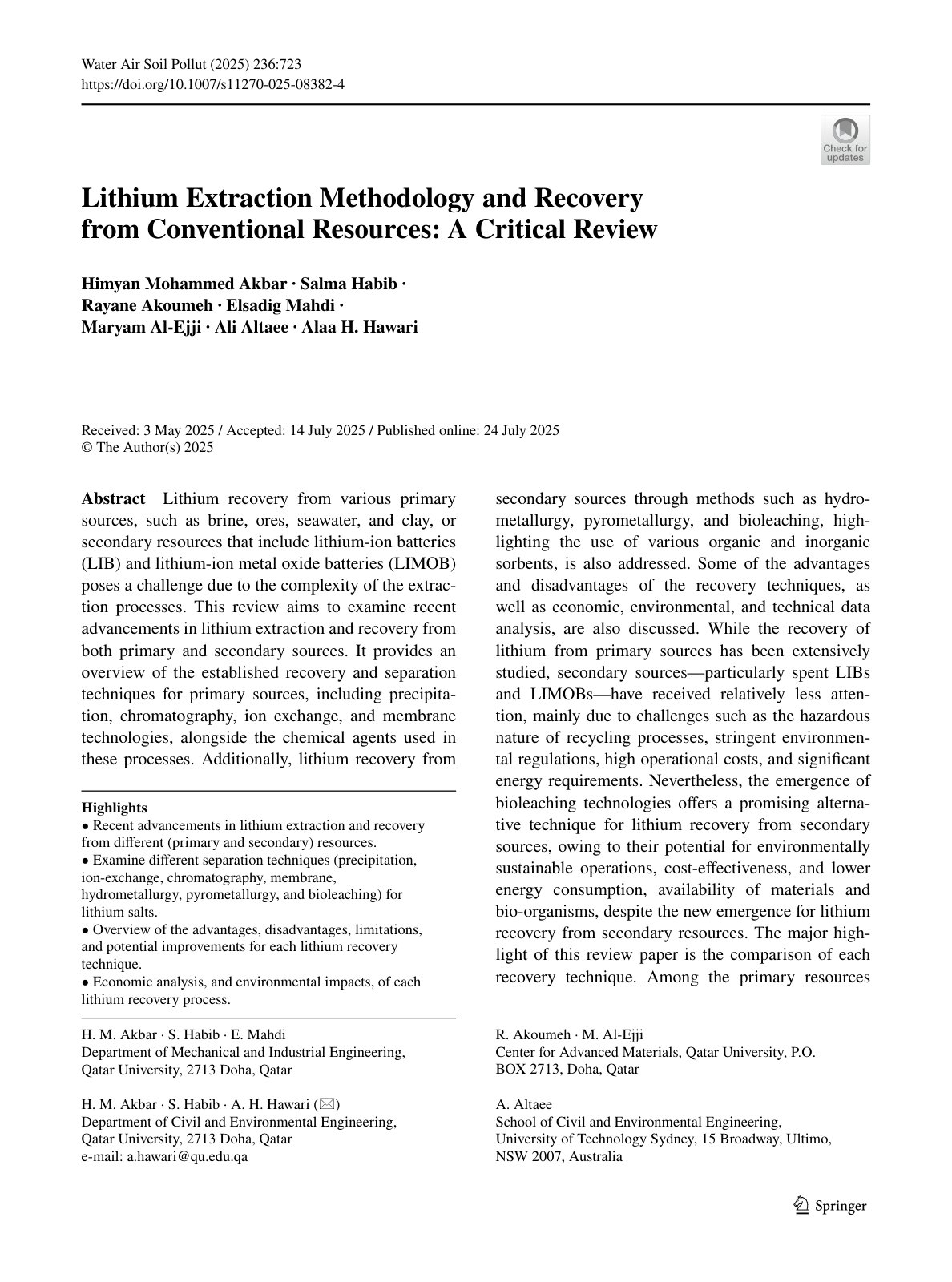 First page of Lithium Extraction Methodology and Recovery from Conventional Resources: A Critical Review