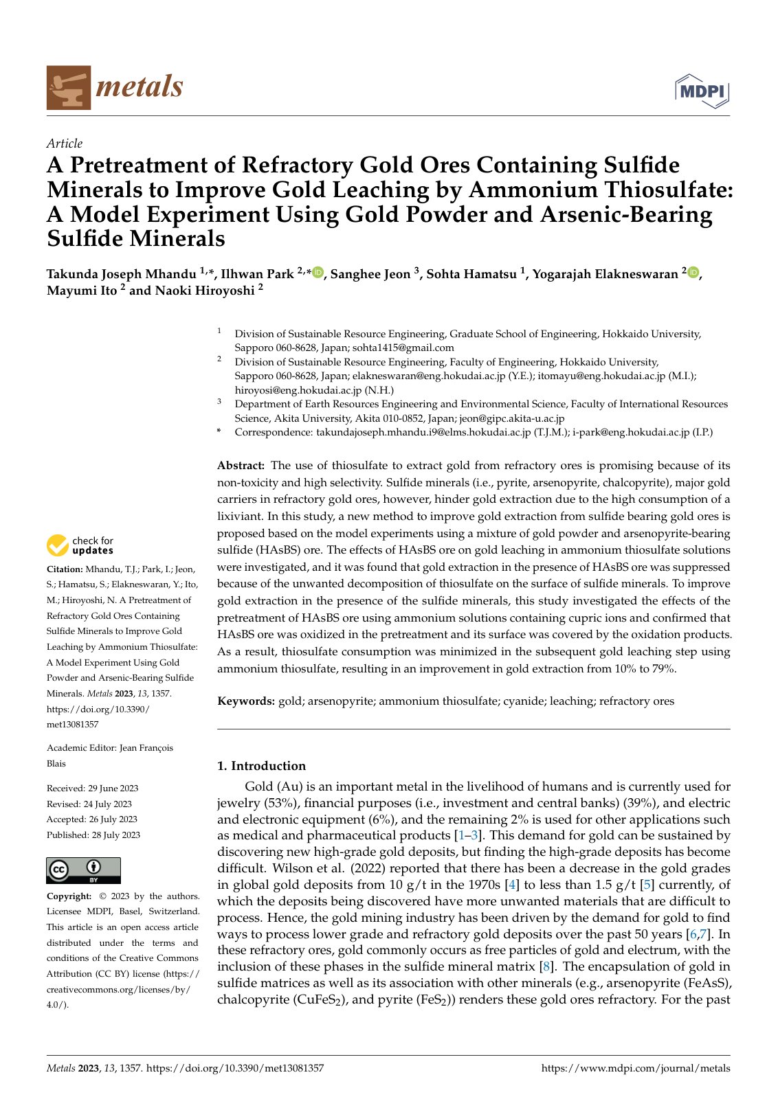 First page of A Pretreatment of Refractory Gold Ores C