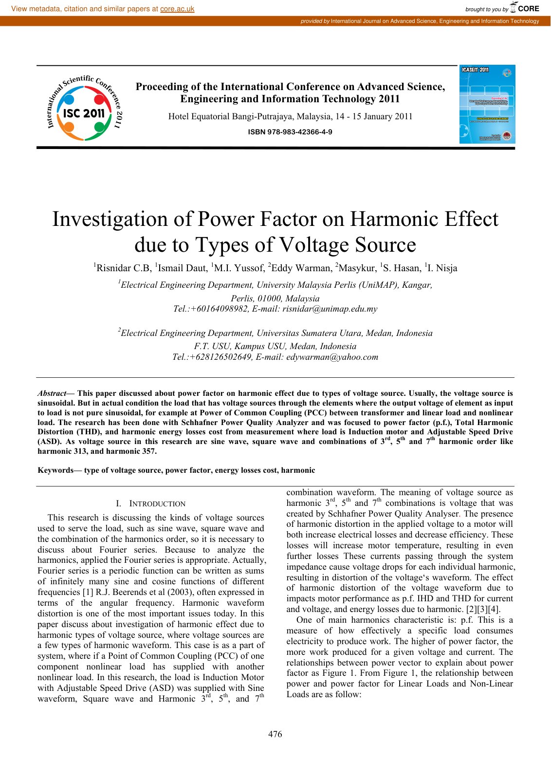 First page of Investigation of Power Factor on Harmonic Effect due to Types of Voltage Source