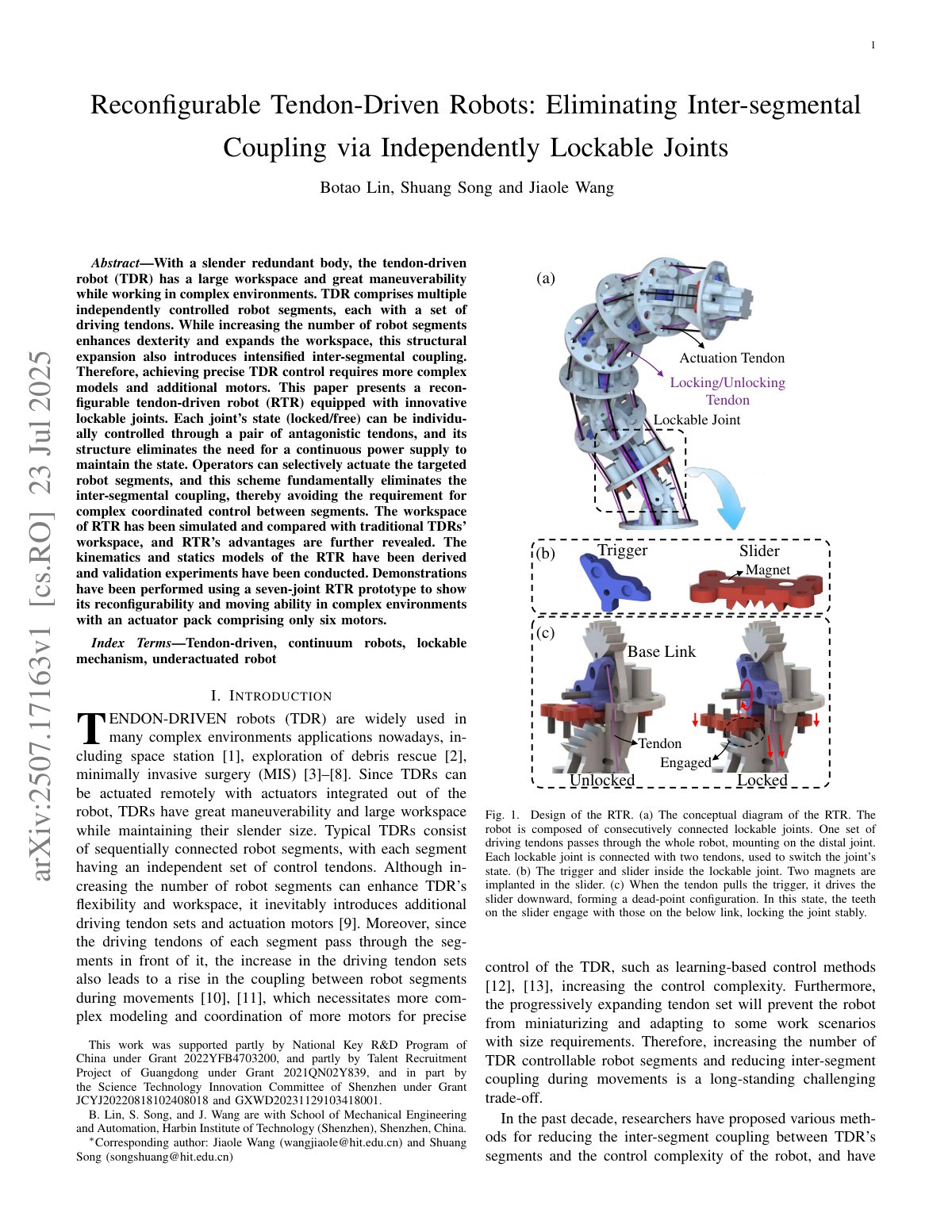 First page of Reconfigurable Tendon-Driven Robots: Eliminating Inter-segmental Coupling via Independently Lockable Joints