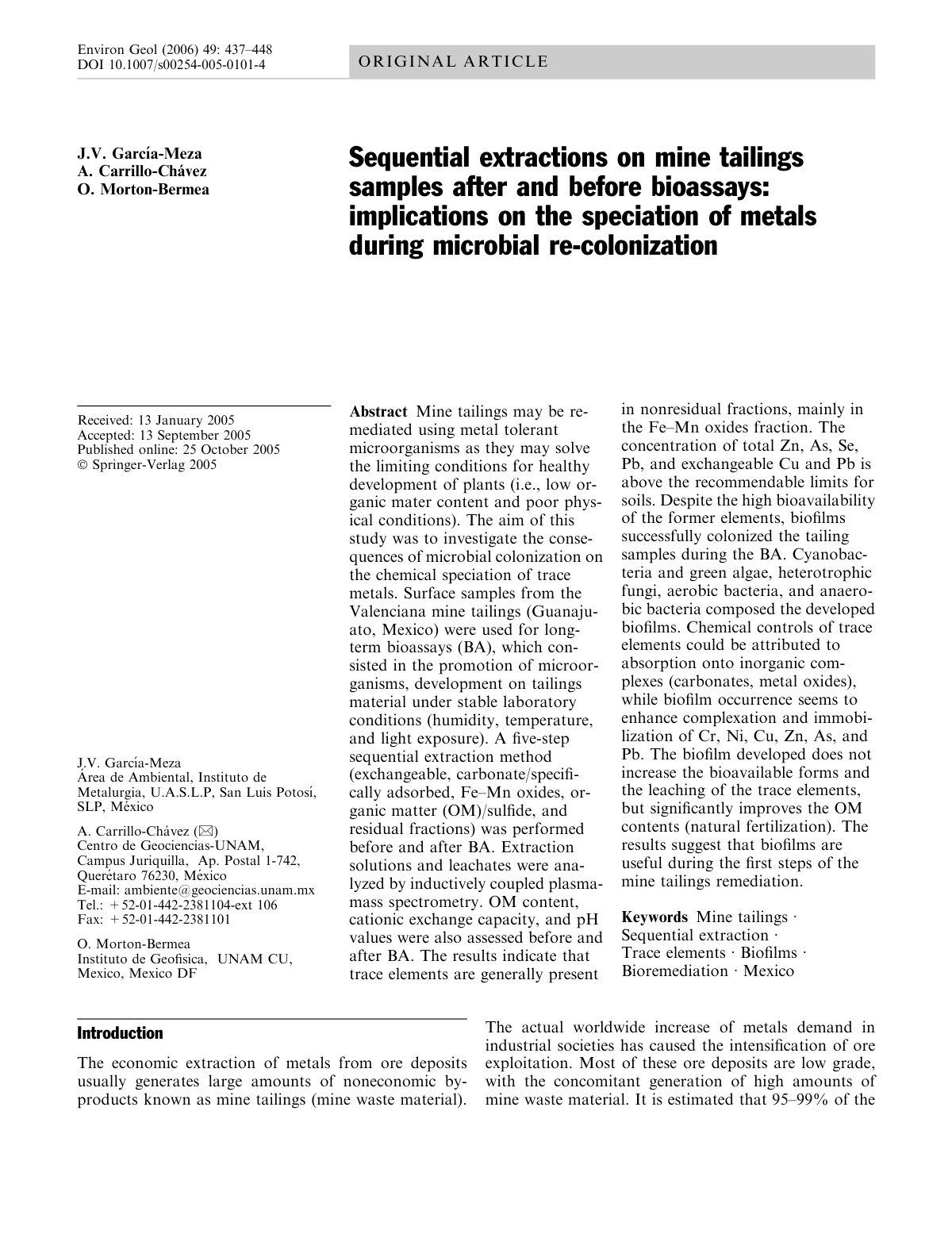 First page of Sequential extractions on mine tailings