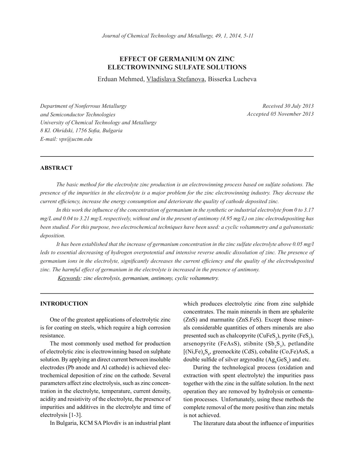 First page of Effect of Germanium on Zinc Electrowinni