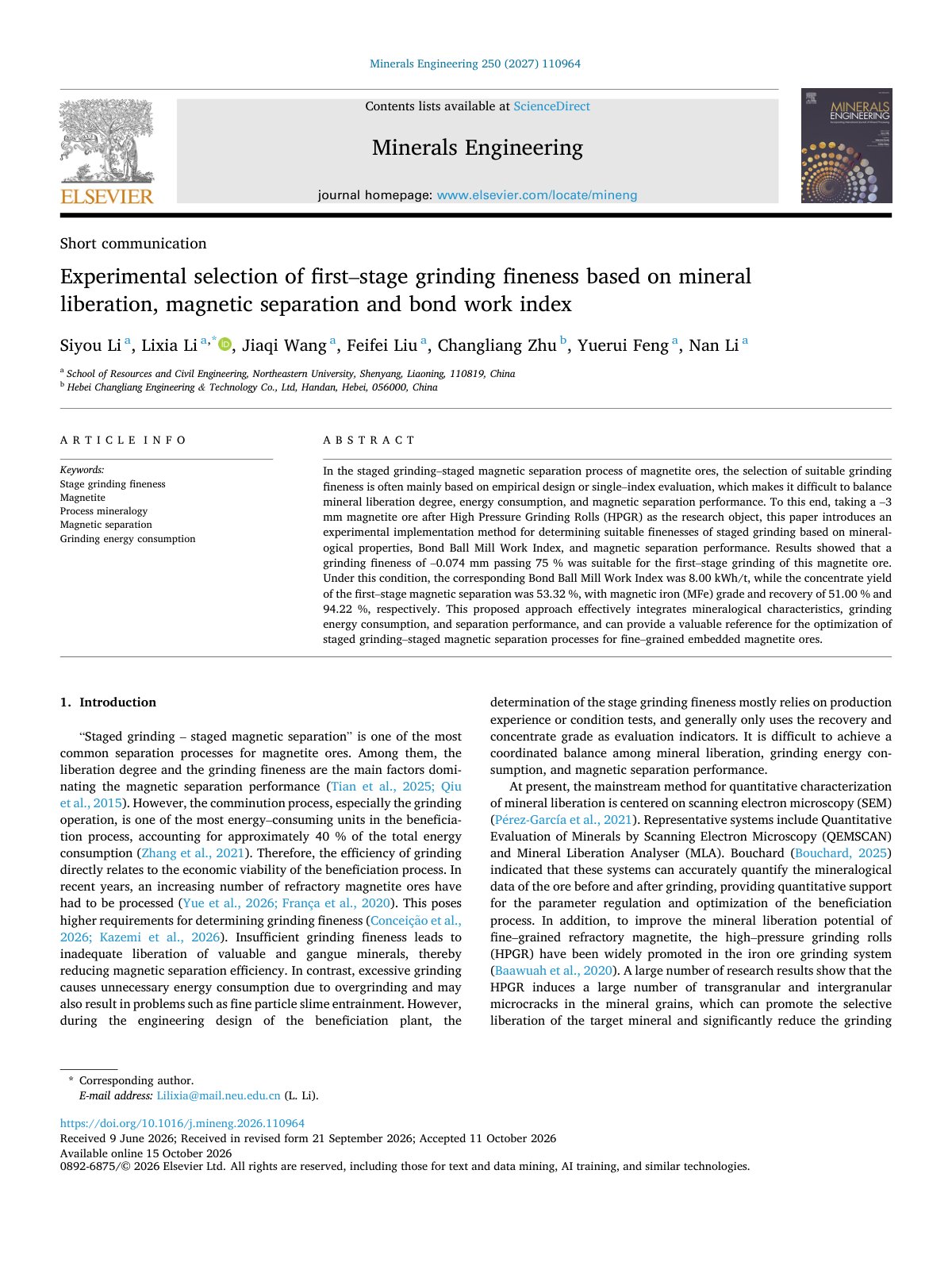 First page of Experimental selection of first stage grinding fineness based 2027 Minerals 
