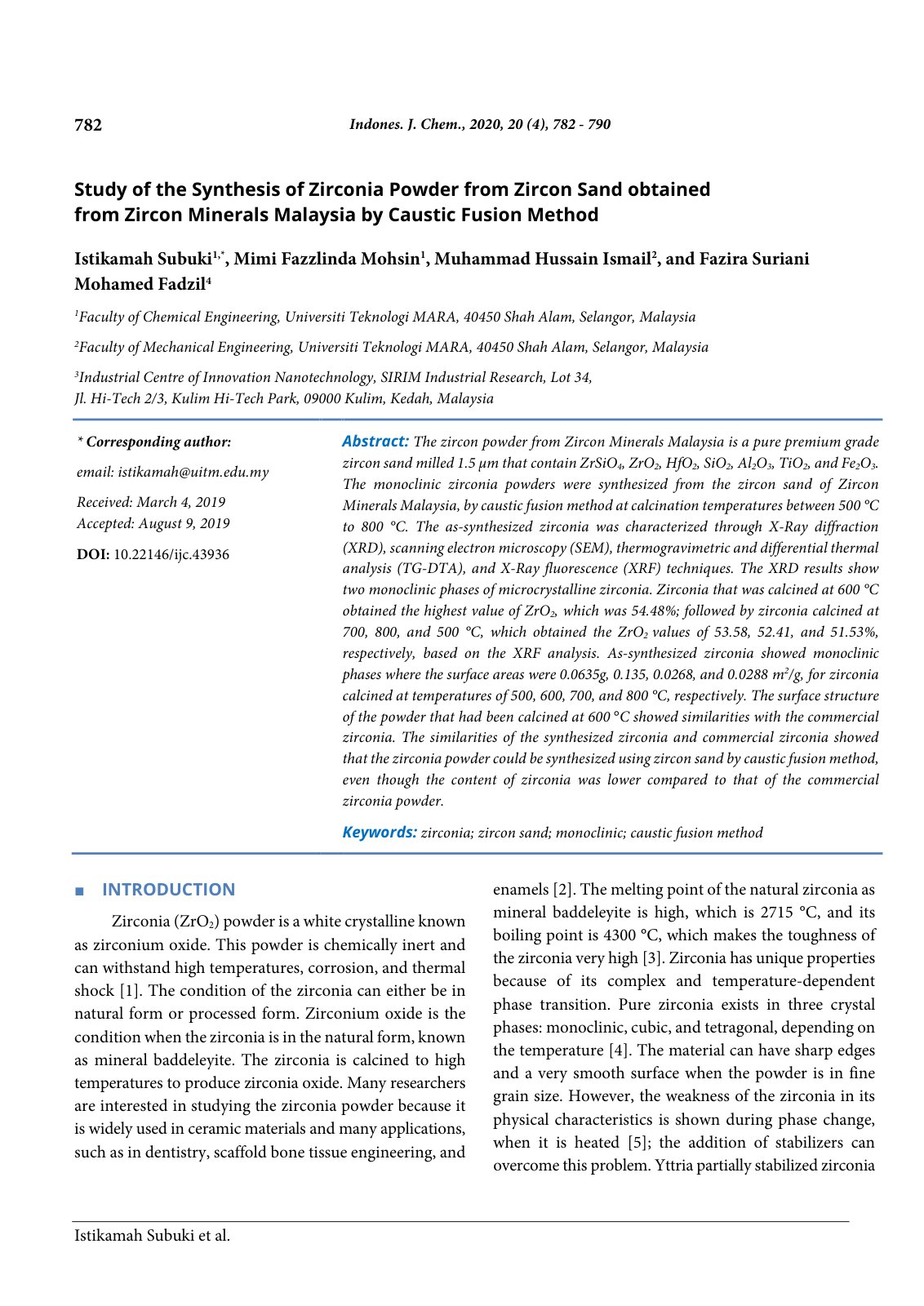 First page of Study of the Synthesis of Zirconia Powde