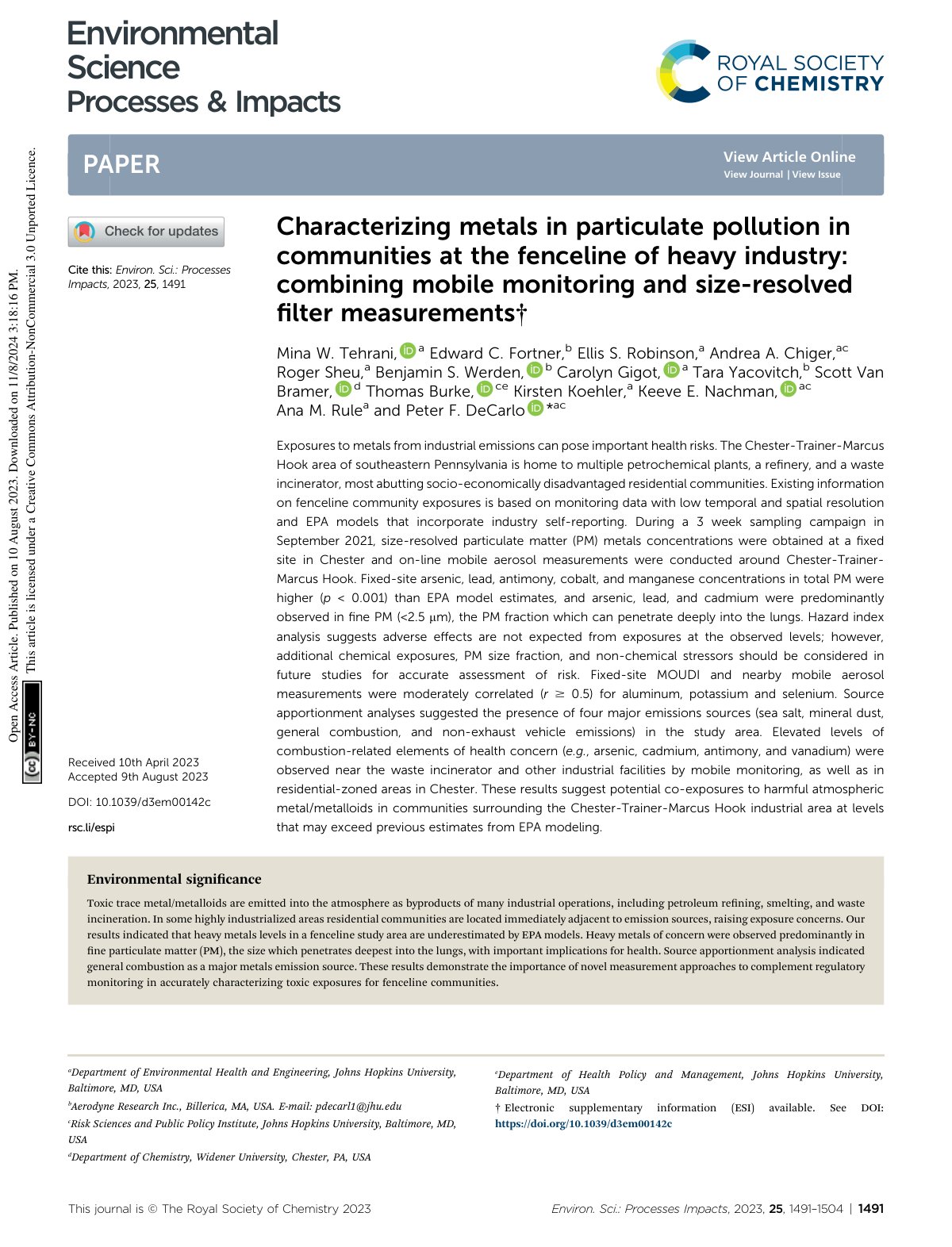 First page of Characterizing metals in particulate pollution in communities at the fenceline of heavy industry: combining mobile monitoring and size-resolved filter measurements