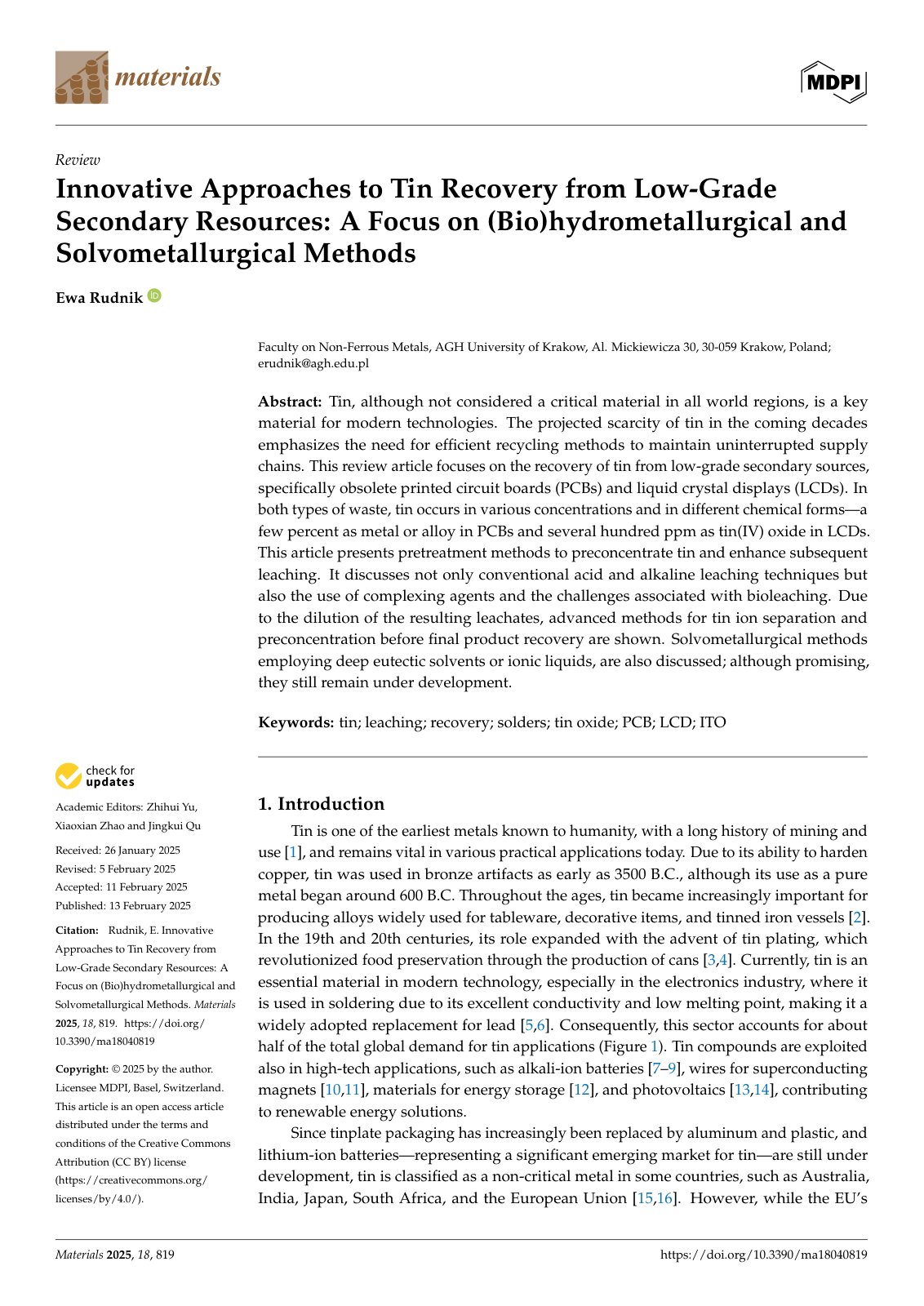 First page of 2025   Rudnik   Tin recovery by biohydrometallurgical methods