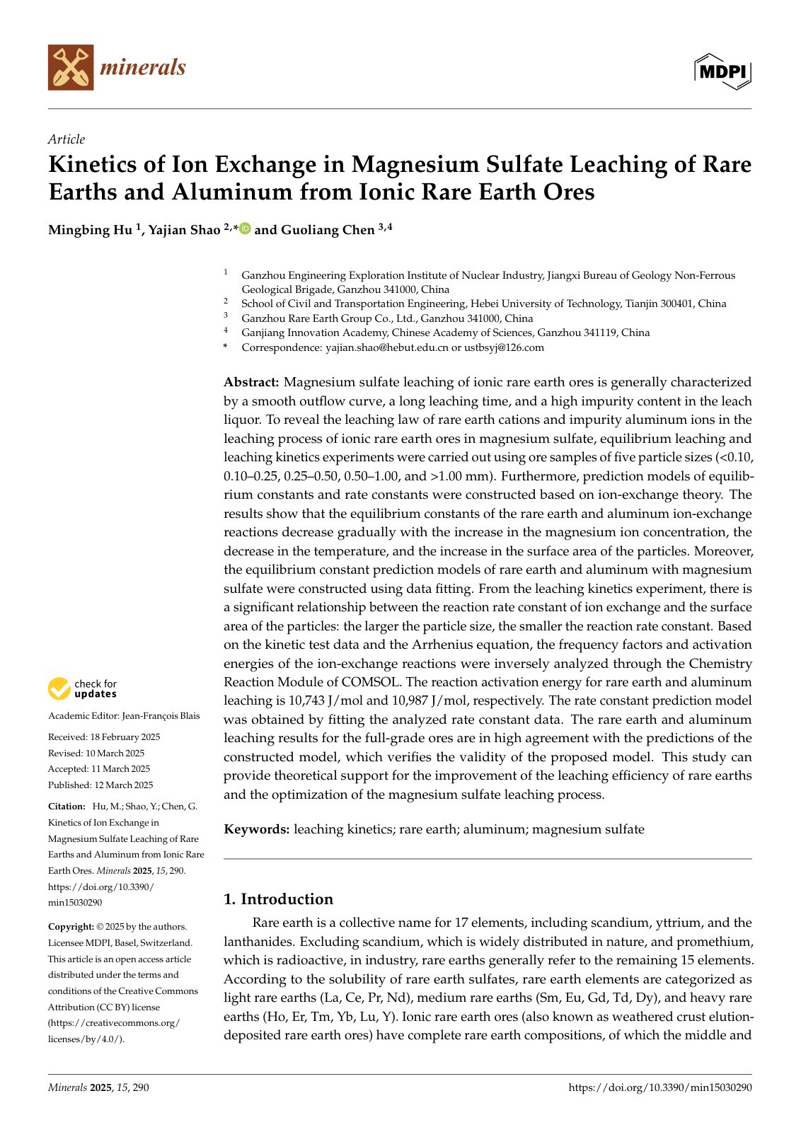 First page of Kinetics of Ion Exchange in Magnesium Sulfate Leaching of Rare Earths and Aluminum from Ionic Rare Earth Ores