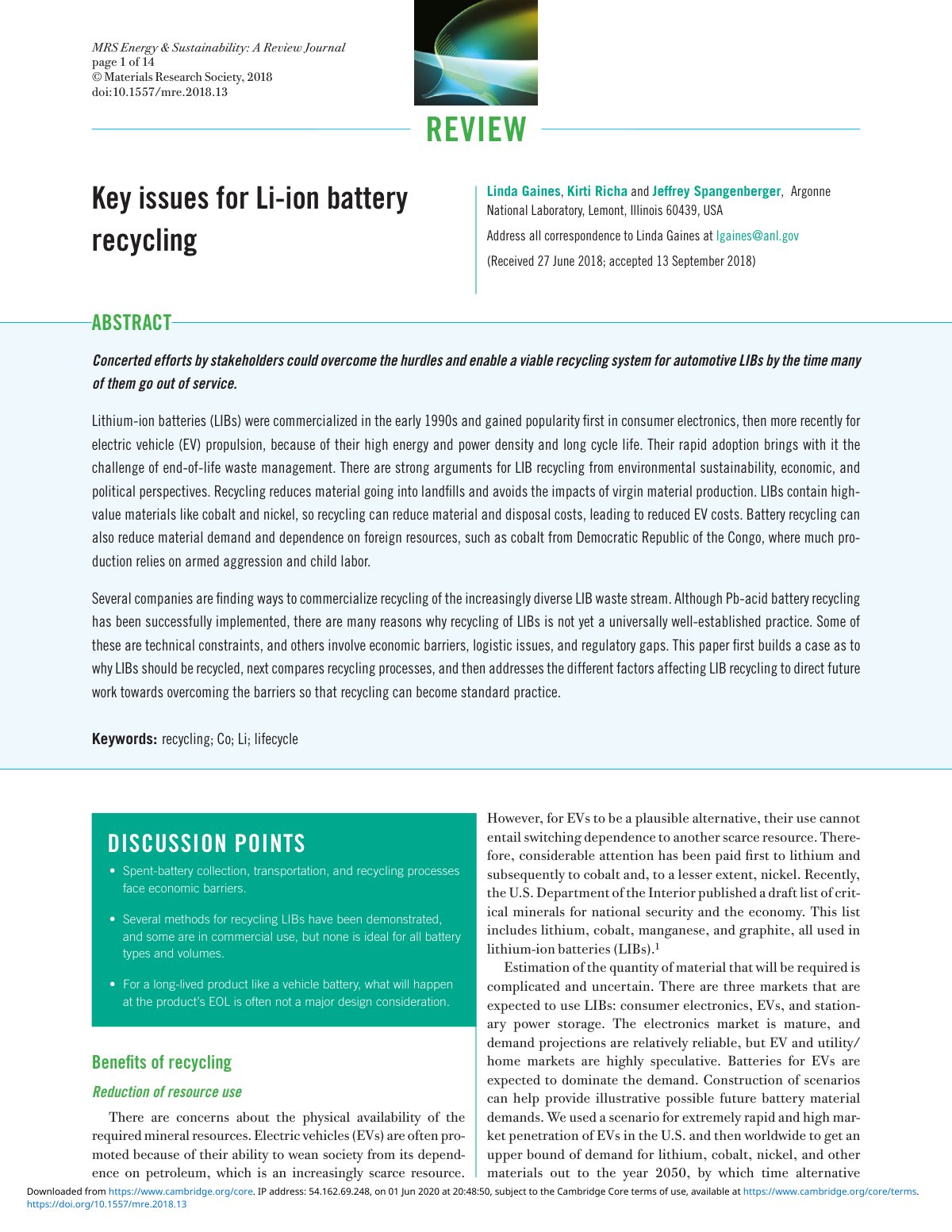 First page of Key issues for Li ion battery recycling