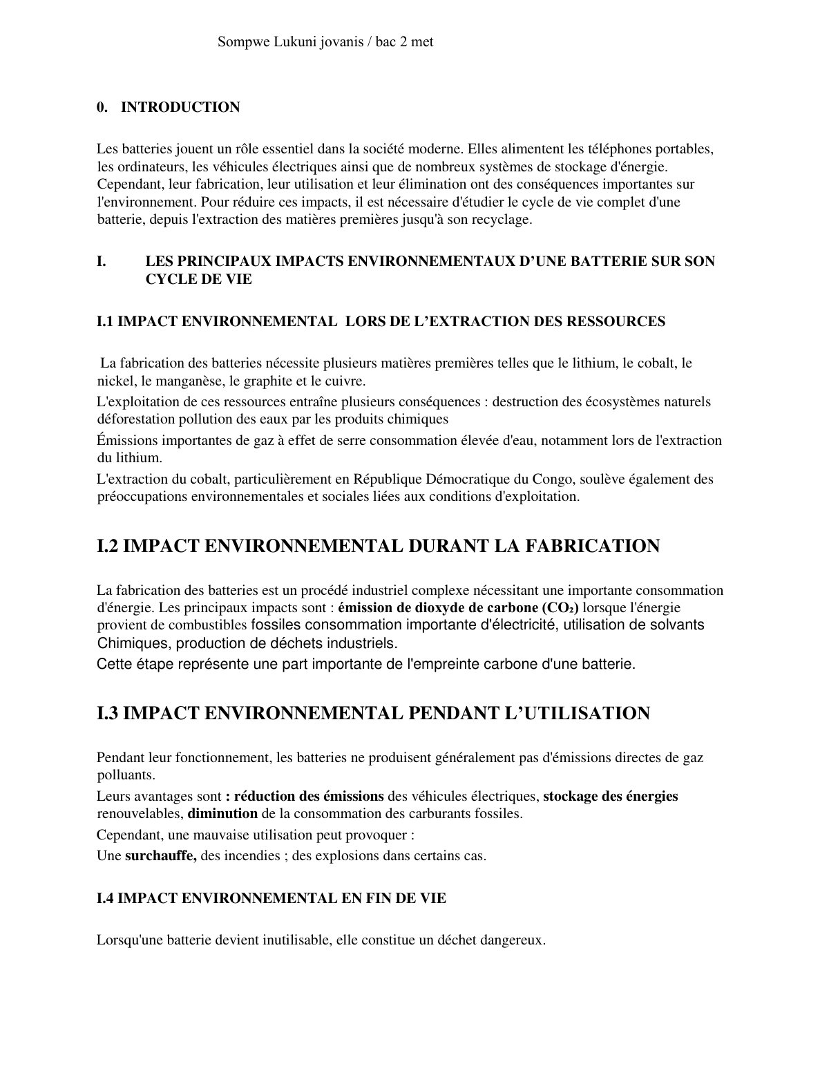 First page of SOMPWE LUKUNI JOVANIS TP DE TECHNOLOGIE DE BATTERIE BAC2 MET 083713
