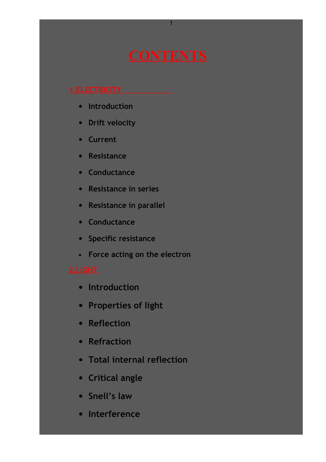 First page of Electricity, Light, Magnetism, Sound, Work, Power, Energy, Units and Dimensions, Semiconductors, Kinematics, Superconductors, Vectors