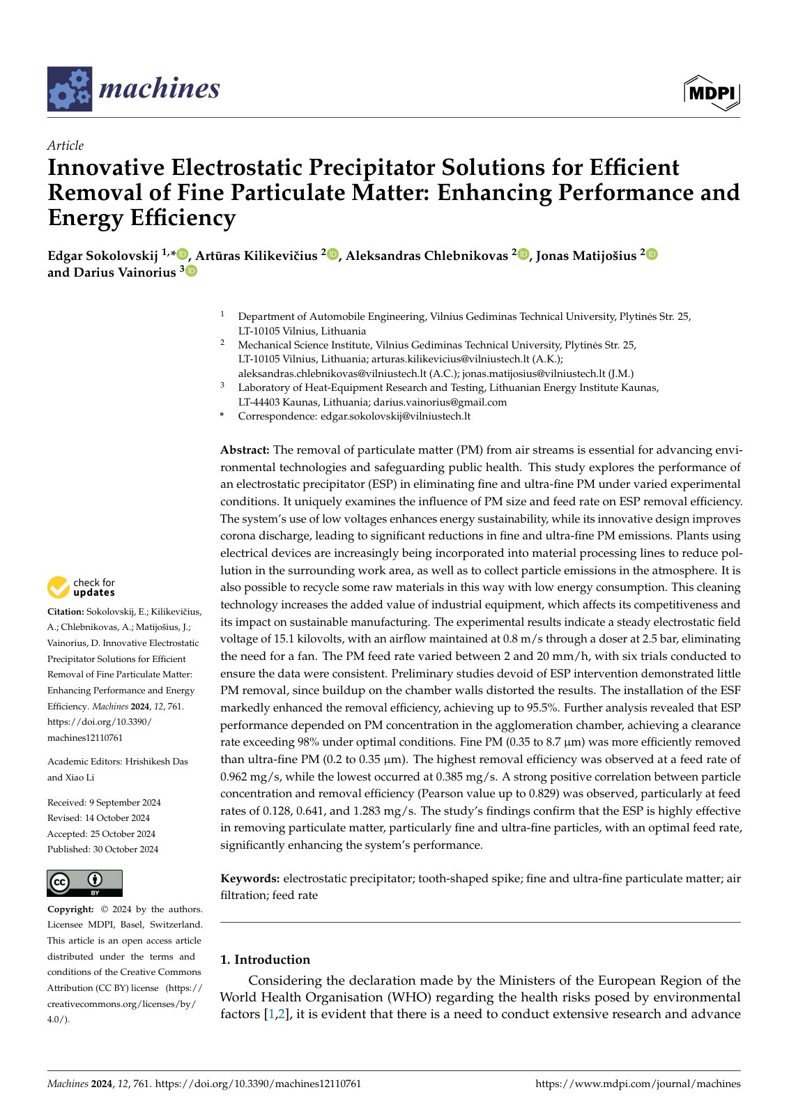First page of Innovative Electrostatic Precipitator Solutions for Efficient Removal of Fine Particulate Matter: Enhancing Performance and Energy Efficiency