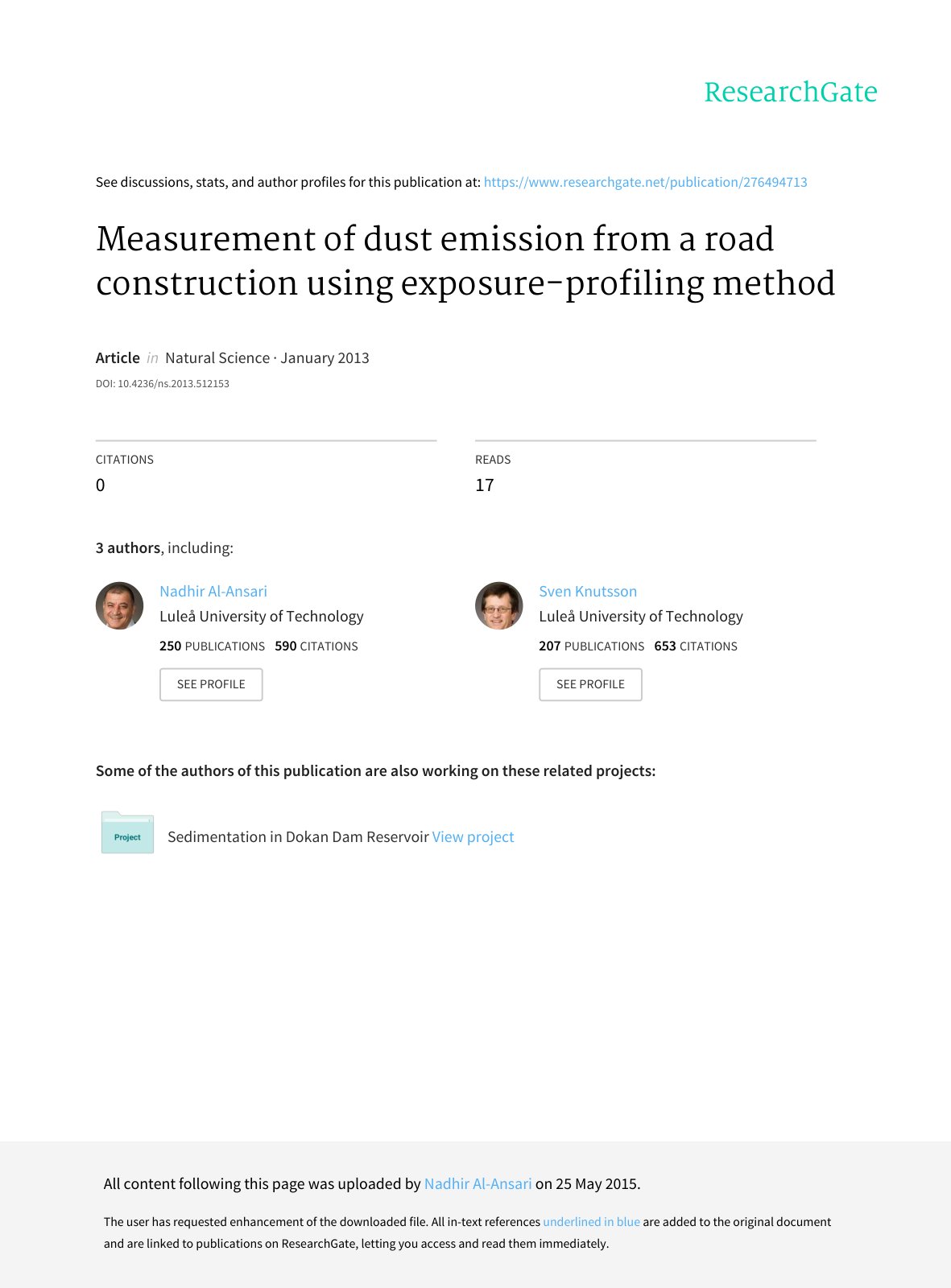 First page of Measurement of dust emission from a road
