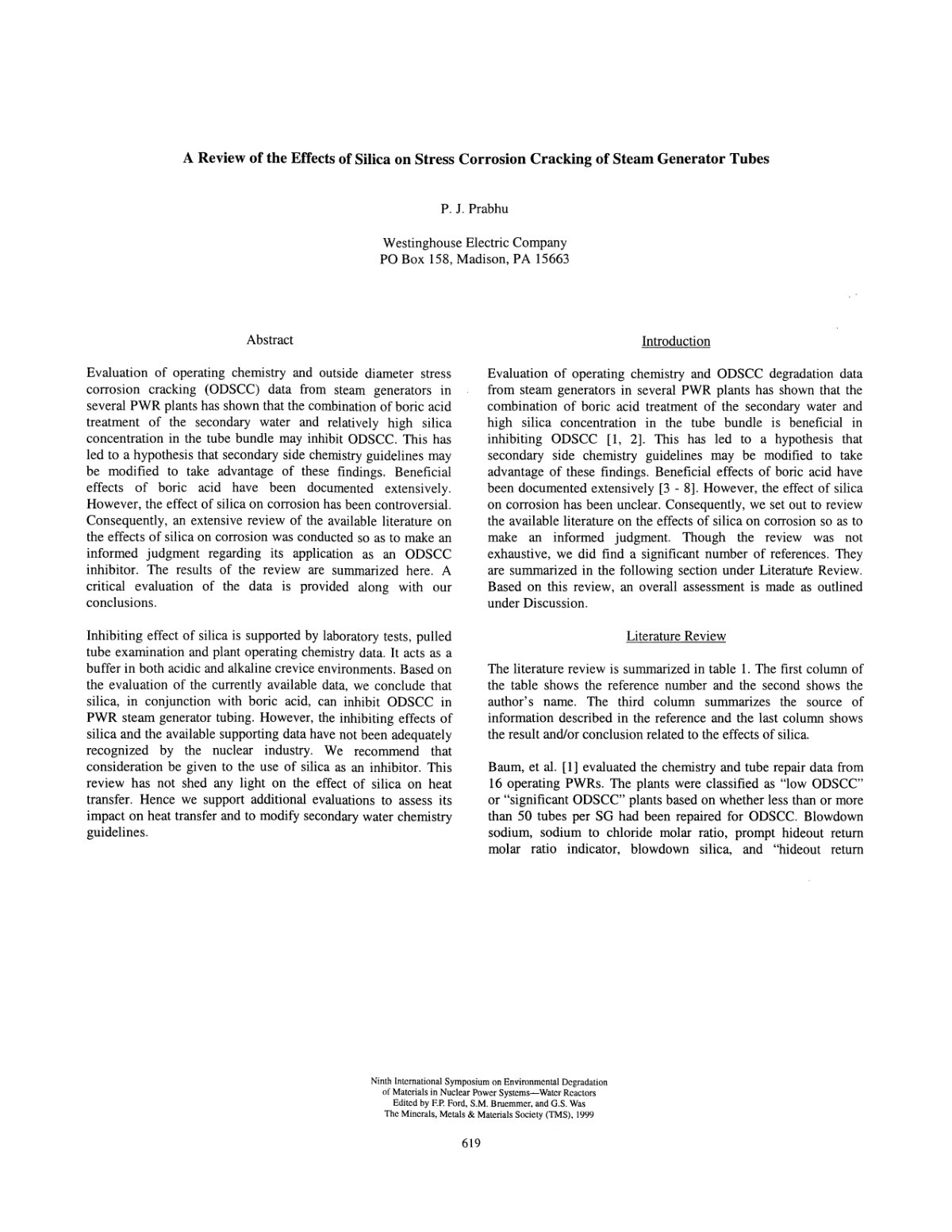 First page of A Review of the Effects of Silica on Stress Corrosion Cracking of Steam Generator Tubes