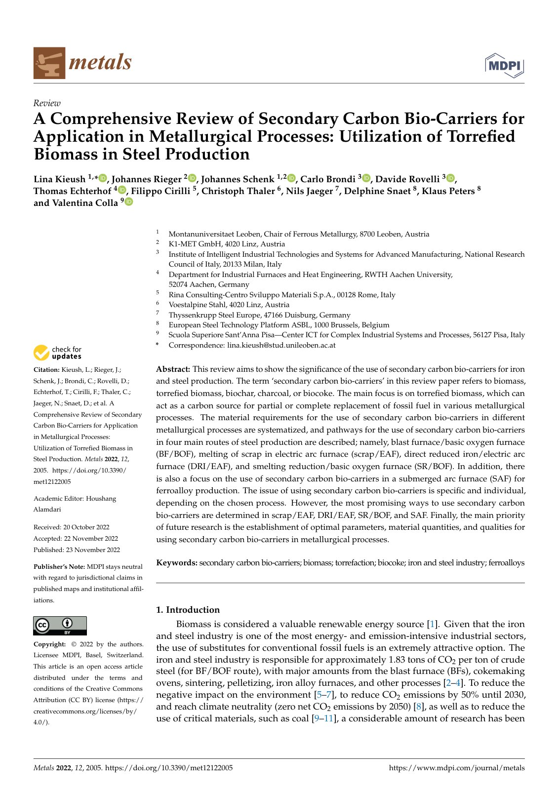 First page of A Comprehensive Review of Secondary Carbon Bio-Carriers for Application in Metallurgical Processes: Utilization of Torreﬁed Biomass in Steel Production