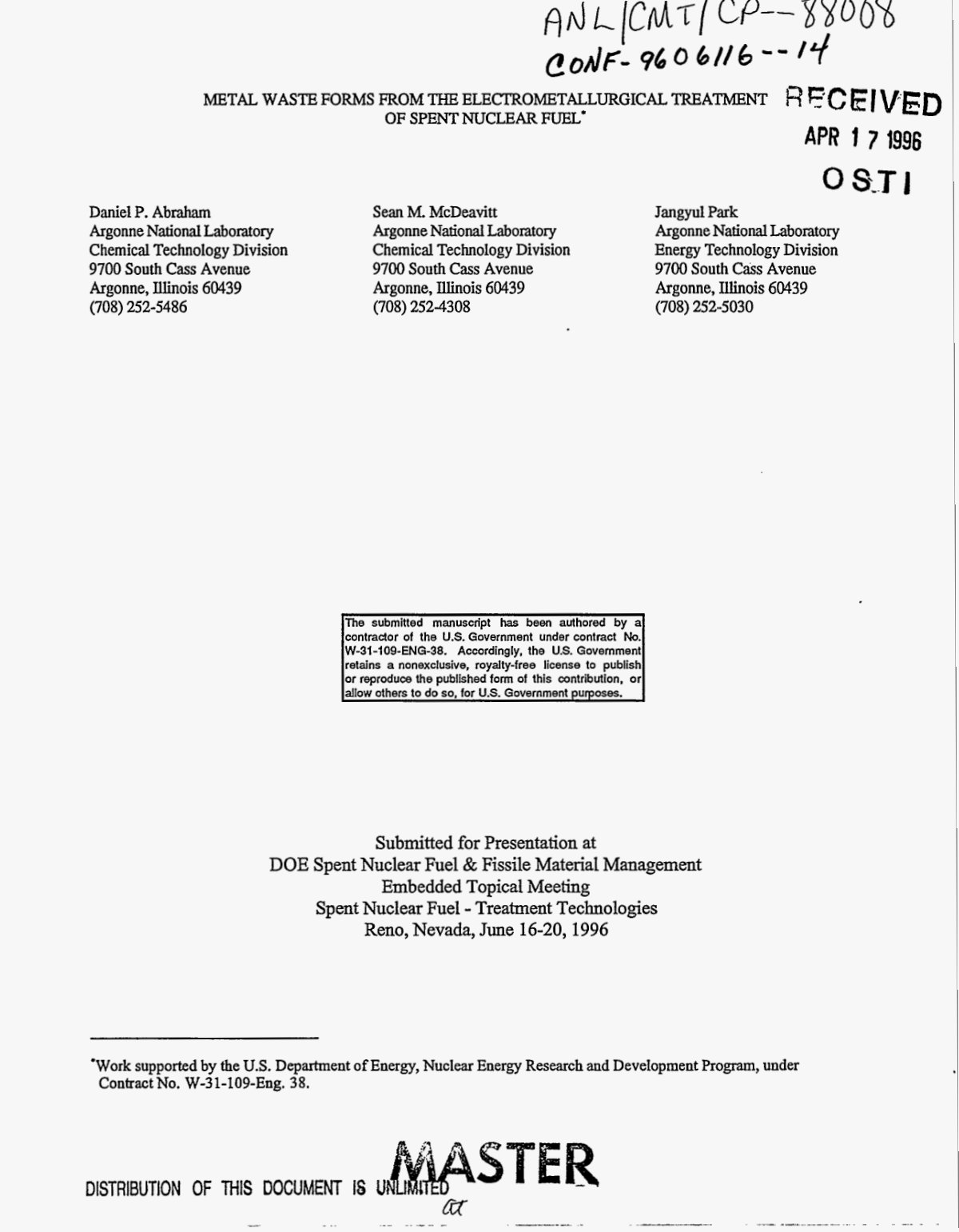 First page of Metal waste forms from the electrometall