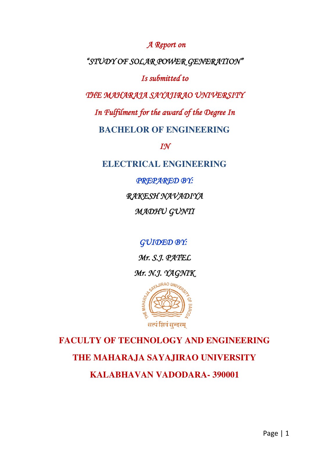 First page of STUDY OF SOLAR POWER GENERATION