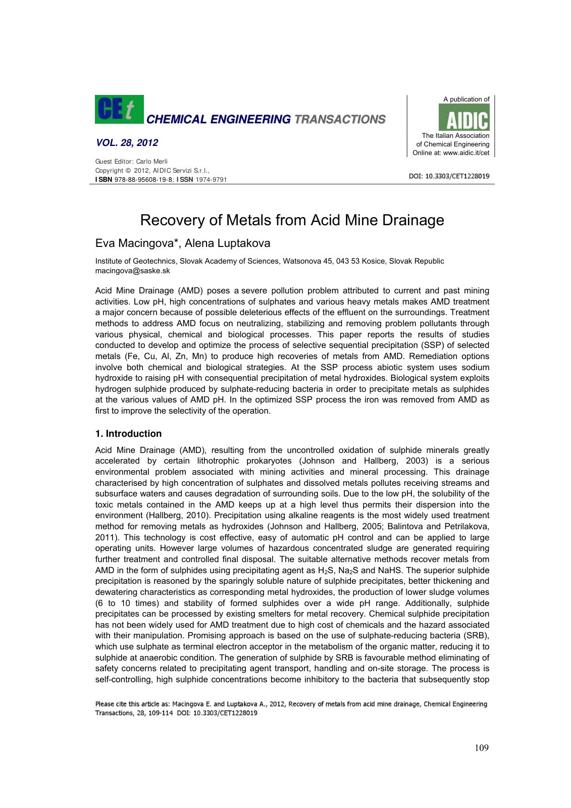 First page of Recovery of Metals from Acid Mine Drainage