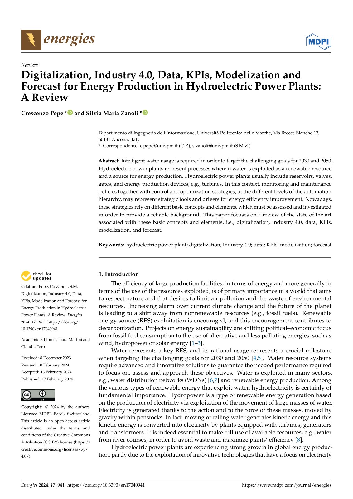 First page of Digitalization, Industry 4.0, Data, KPIs, Modelization and Forecast for Energy Production in Hydroelectric Power Plants: A Review