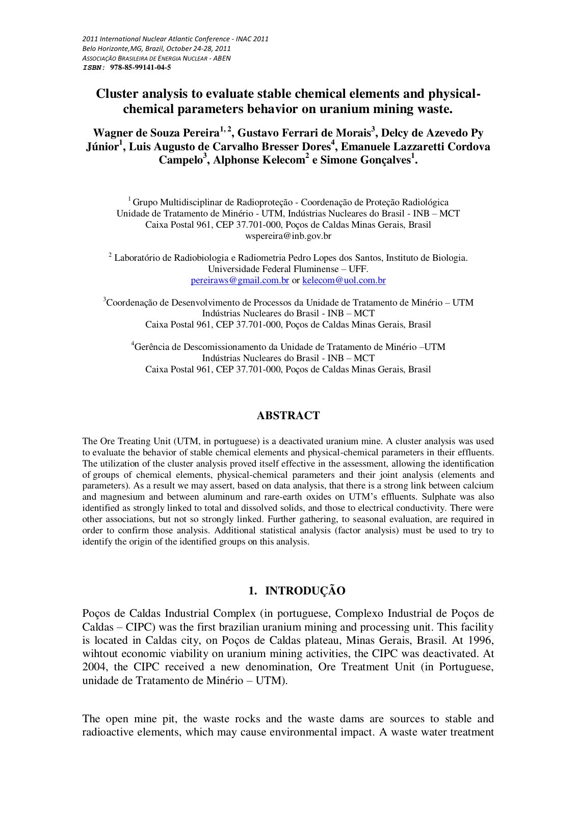 First page of Cluster analysis to evaluate stable chemical elements and physical - chemical parameters behavior on uranium mining waste.