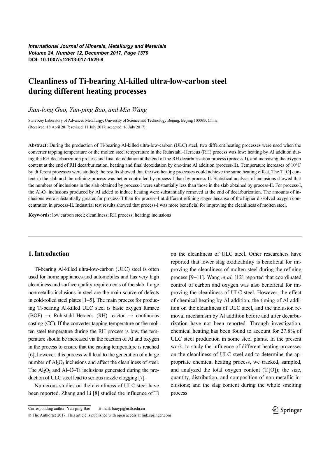 First page of 2017 Jian long Guo Cleanliness of Ti bearing Al killed ultra low carbon steel during different heating processes s12613 017 1529 8