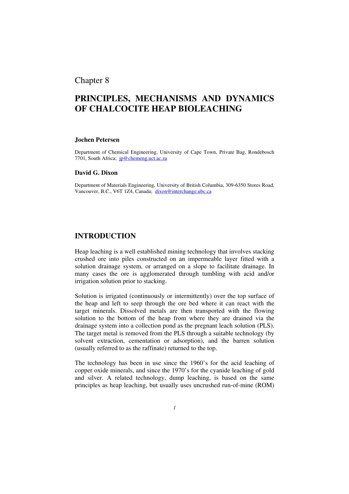 First page of PRINCIPLES, MECHANISMS AND DYNAMICS OF CHALCOCITE HEAP BIOLEACHING