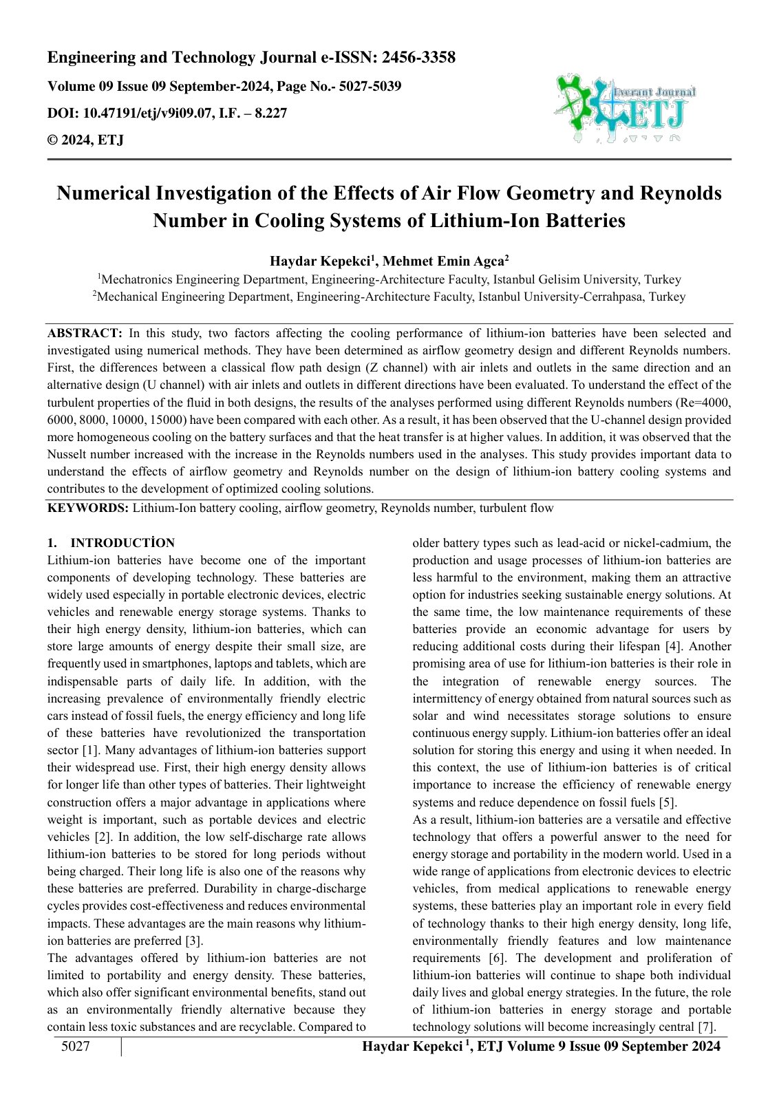 First page of Numerical Investigation of the Effects of Air Flow Geometry and Reynolds 