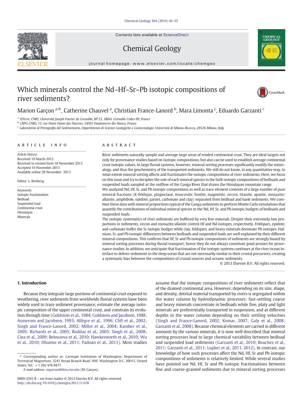 First page of Which minerals control the Nd–Hf–Sr–Pb isotopic compositions of river sediments?