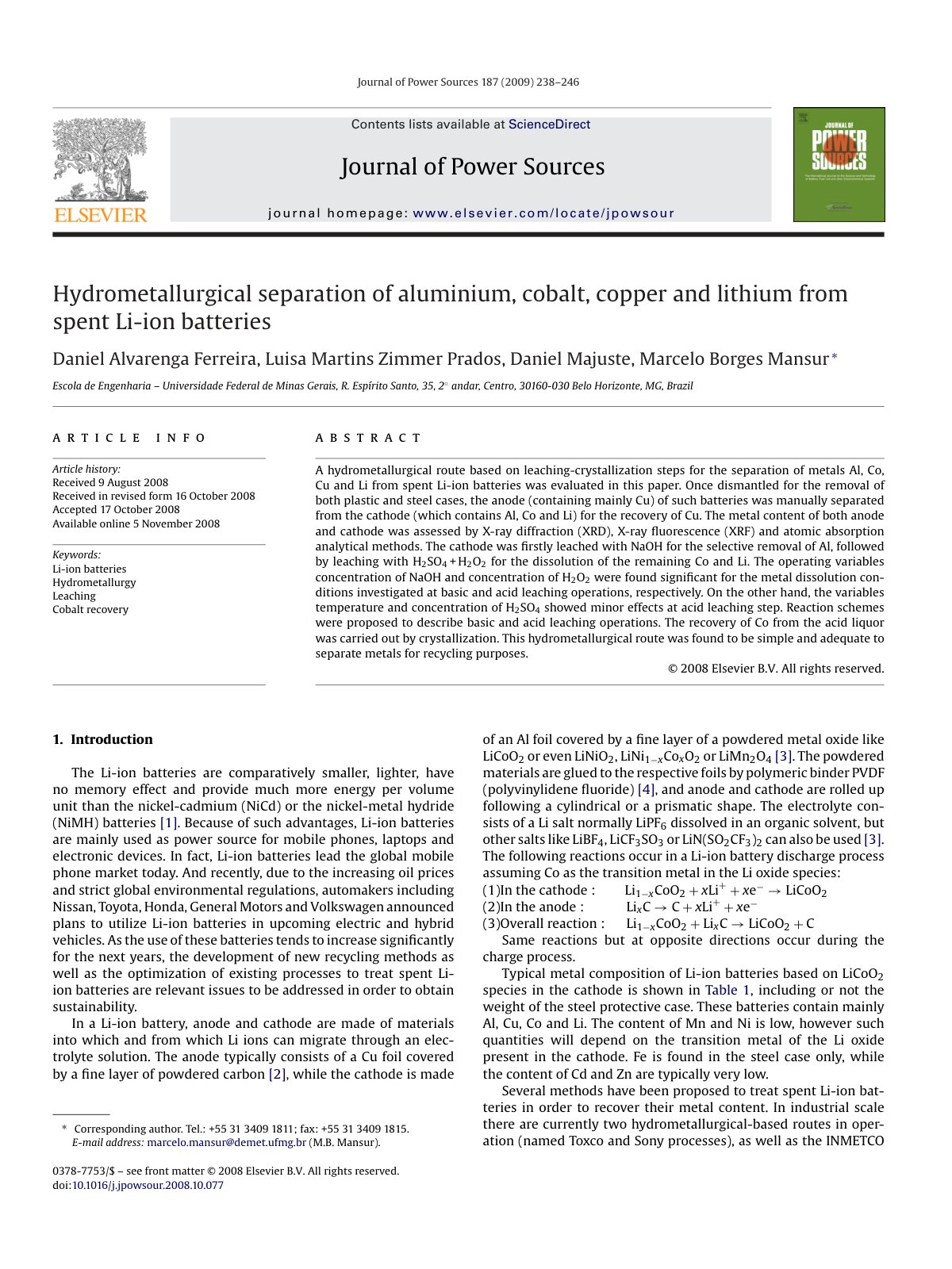 First page of Hydrometallurgical separation of aluminium, cobalt, copper and lithium from spent Li-ion batteries
