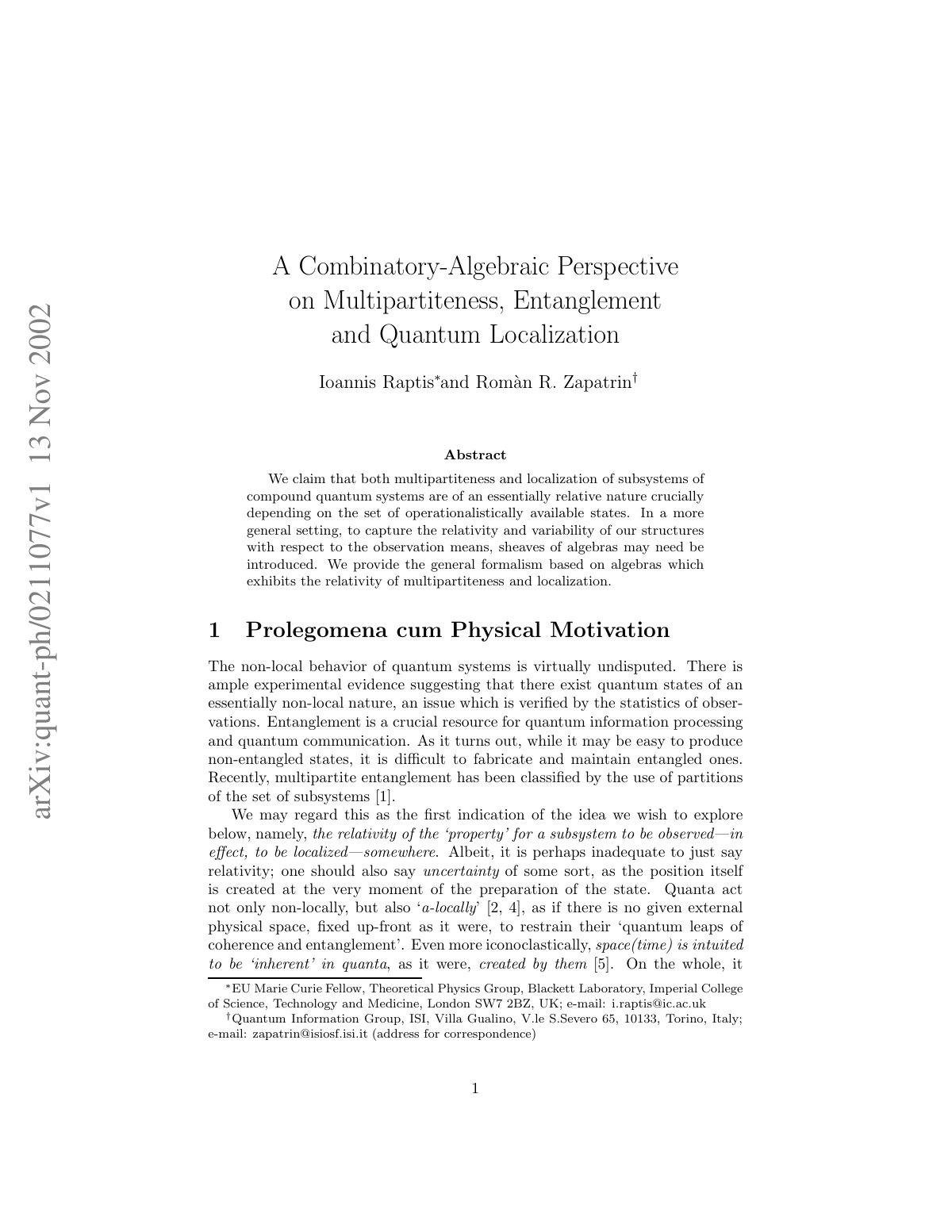 First page of A Combinatory-Algebraic Perspective on Multipartiteness, Entanglement and Quantum Localization