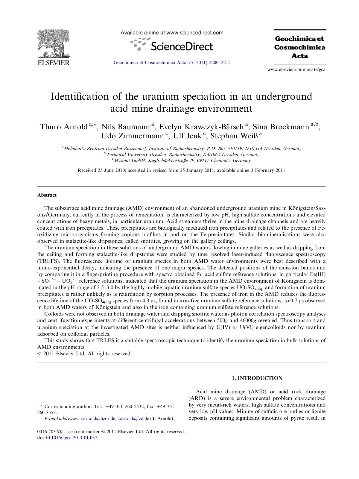 First page of Identification of the uranium speciation in an underground acid mine drainage environment