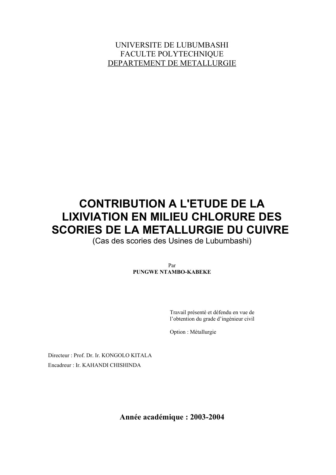 First page of CONTRIBUTION A L'ETUDE DE LA LIXIVIATION EN MILIEU CHLORURE DES SCORIES DE LA METALLURGIE DU CUIVRE