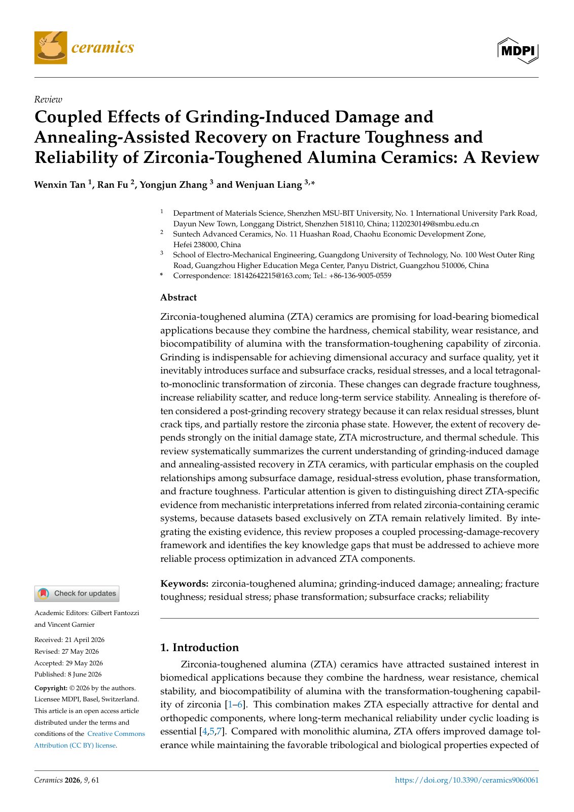 First page of Coupled Effects of Grinding-Induced Damage and Annealing-Assisted Recovery on Fracture Toughness and Reliability of Zirconia-Toughened Alumina Ceramics: A Review