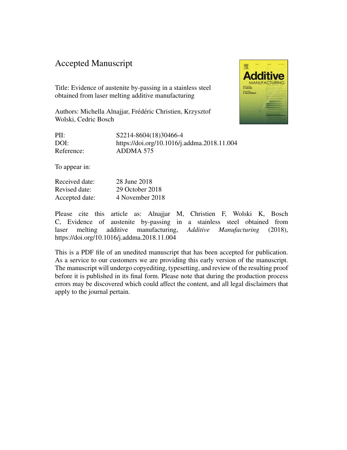 First page of Evidence of austenite by-passing in a stainless steel obtained from laser melting additive manufacturing