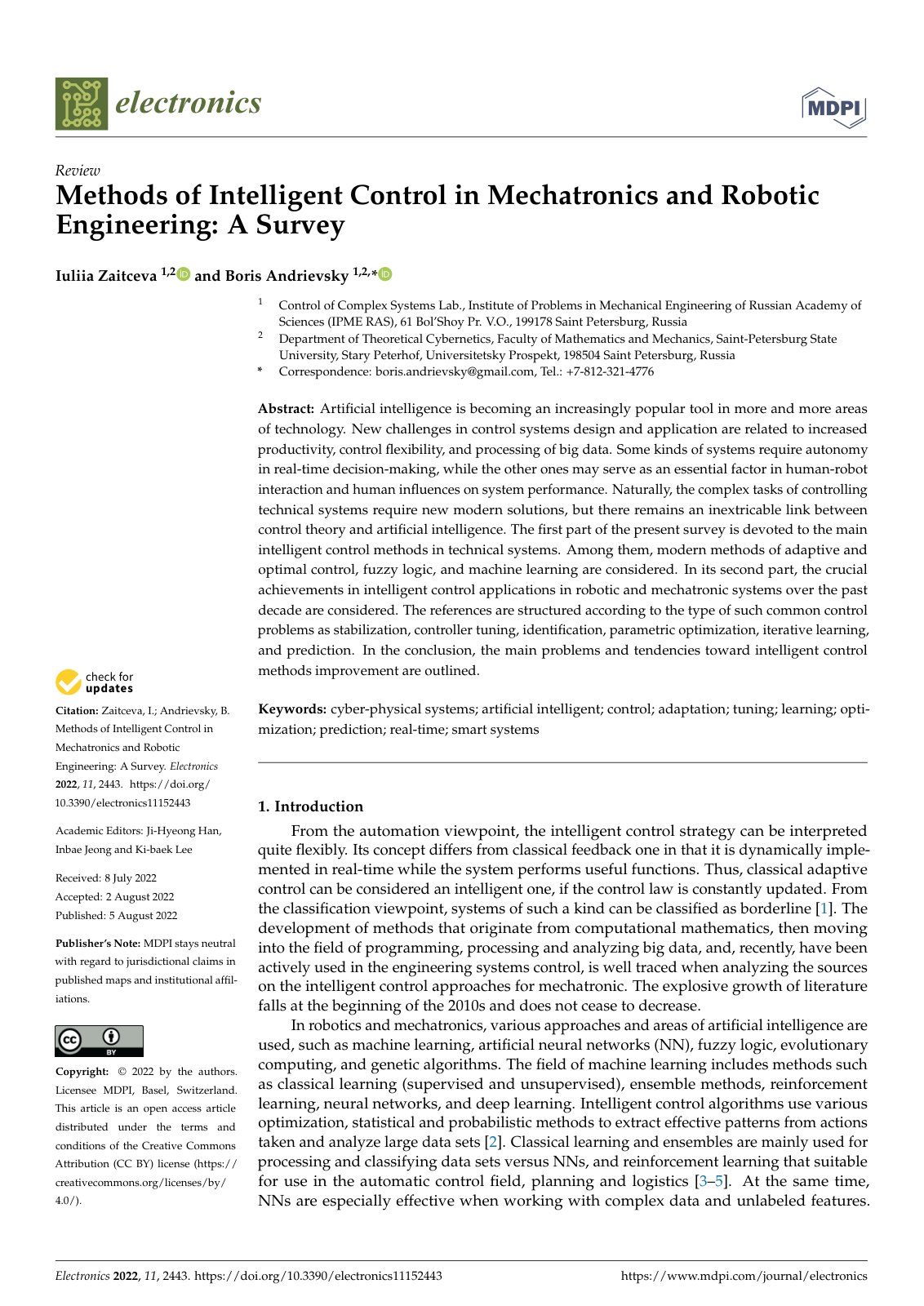 First page of Methods of Intelligent Control in Mechatronics and Robotic Engineering: A Survey