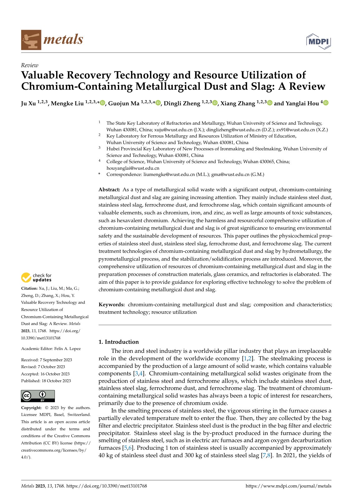 First page of Valuable Recovery Technology and Resource Utilization of Chromium-Containing Metallurgical Dust and Slag: A Review