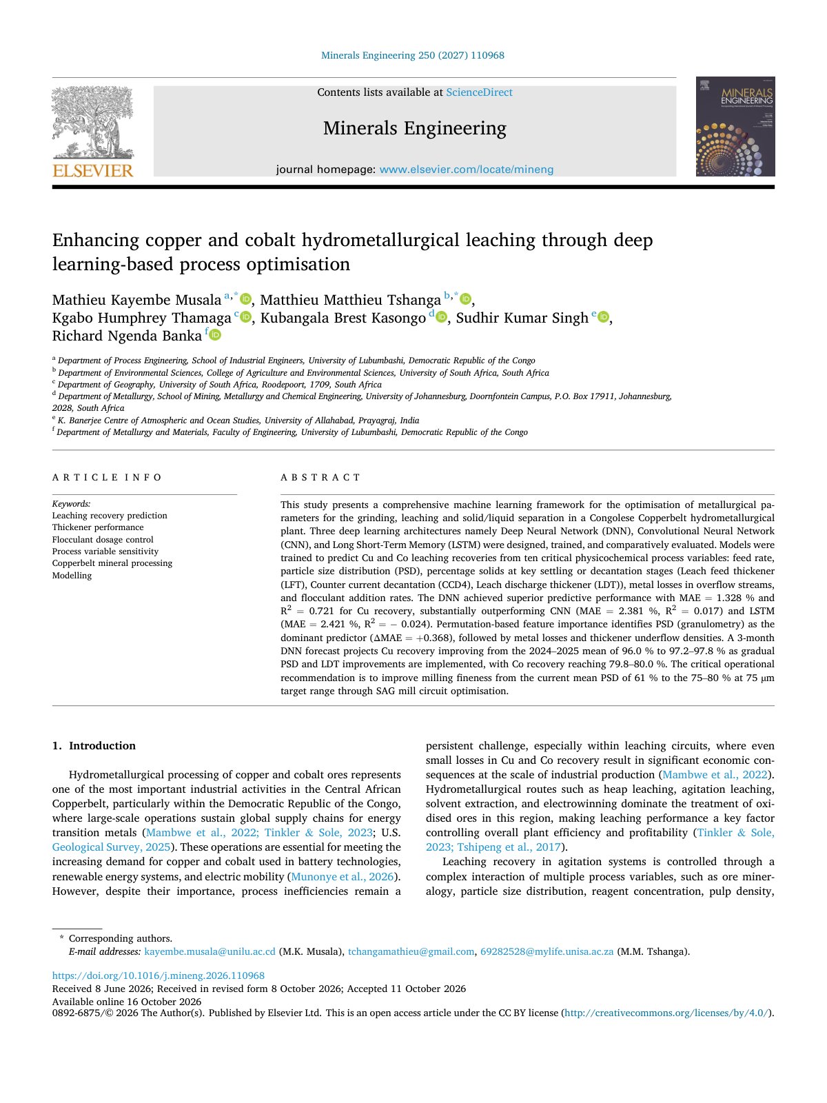 First page of Enhancing copper and cobalt hydrometallurgical leaching thr 2027 Minerals En