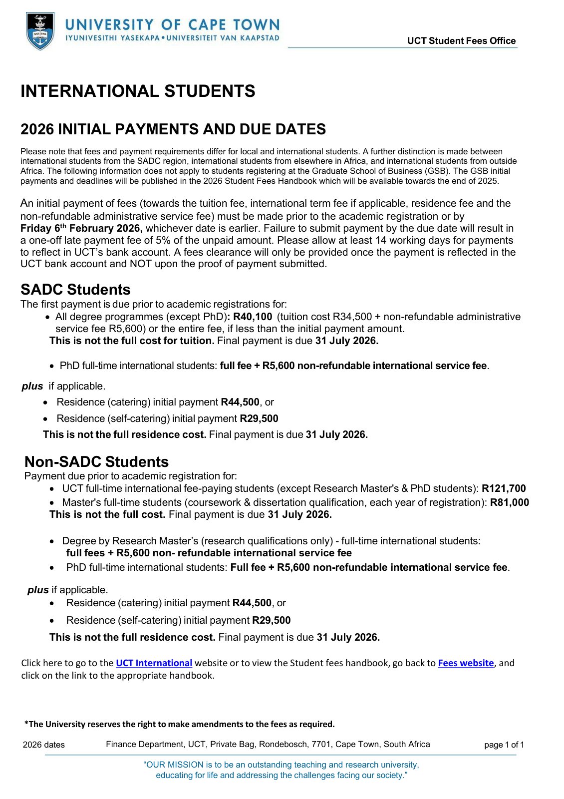 First page of 2026 international students initial fees payment dates