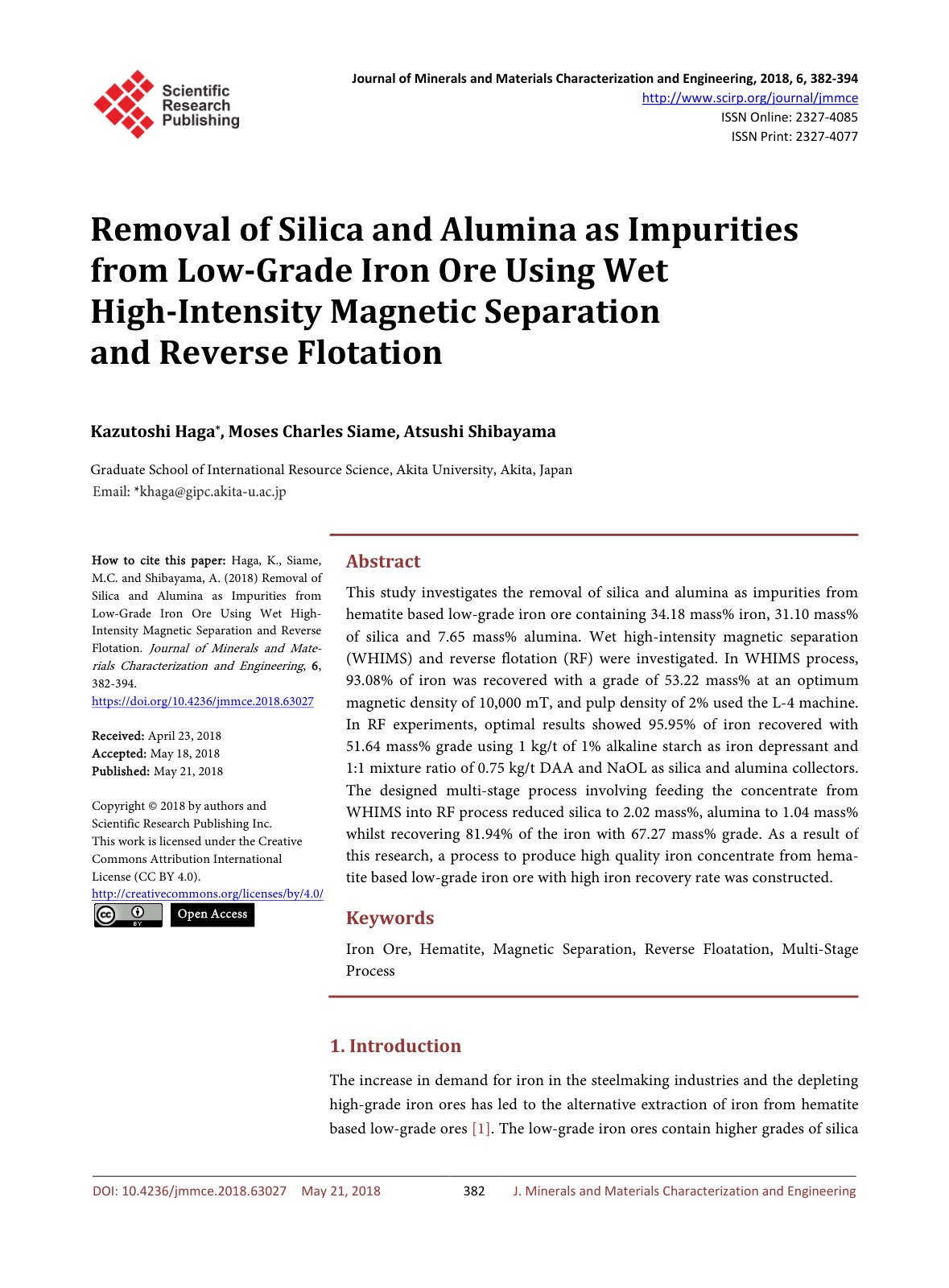 First page of Removal of Silica and Alumina as Impurities from Low-Grade Iron Ore Using Wet High-Intensity Magnetic Separation and Reverse Flotation