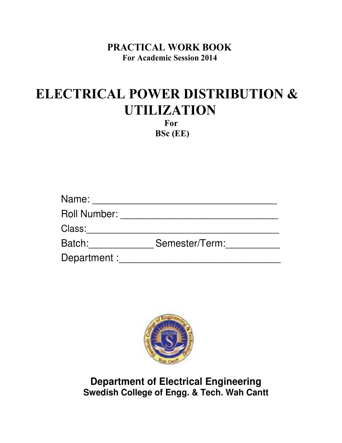 First page of PRACTICAL WORK BOOK ELECTRICAL POWER DIS