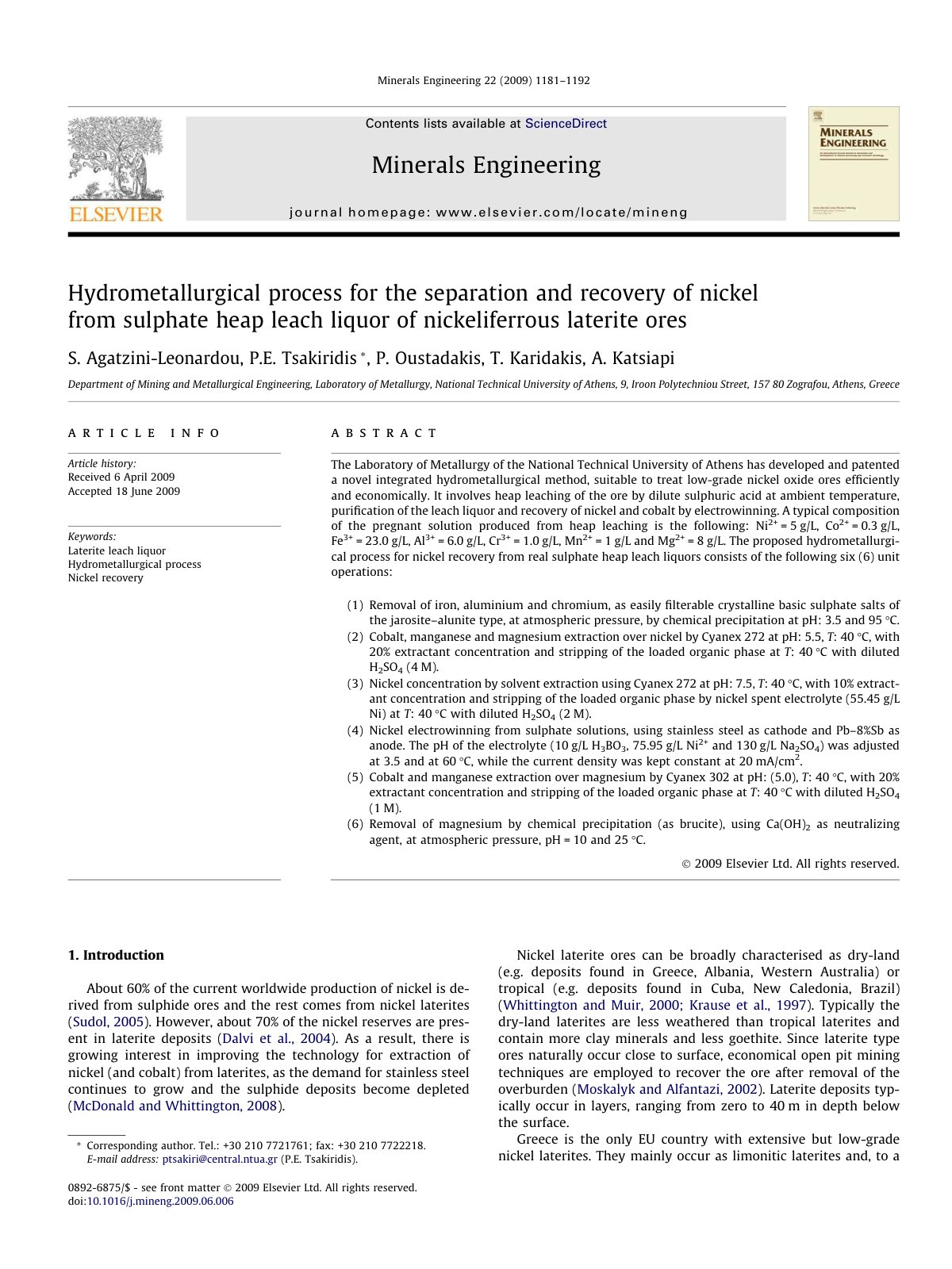 First page of Hydrometallurgical process for the separ