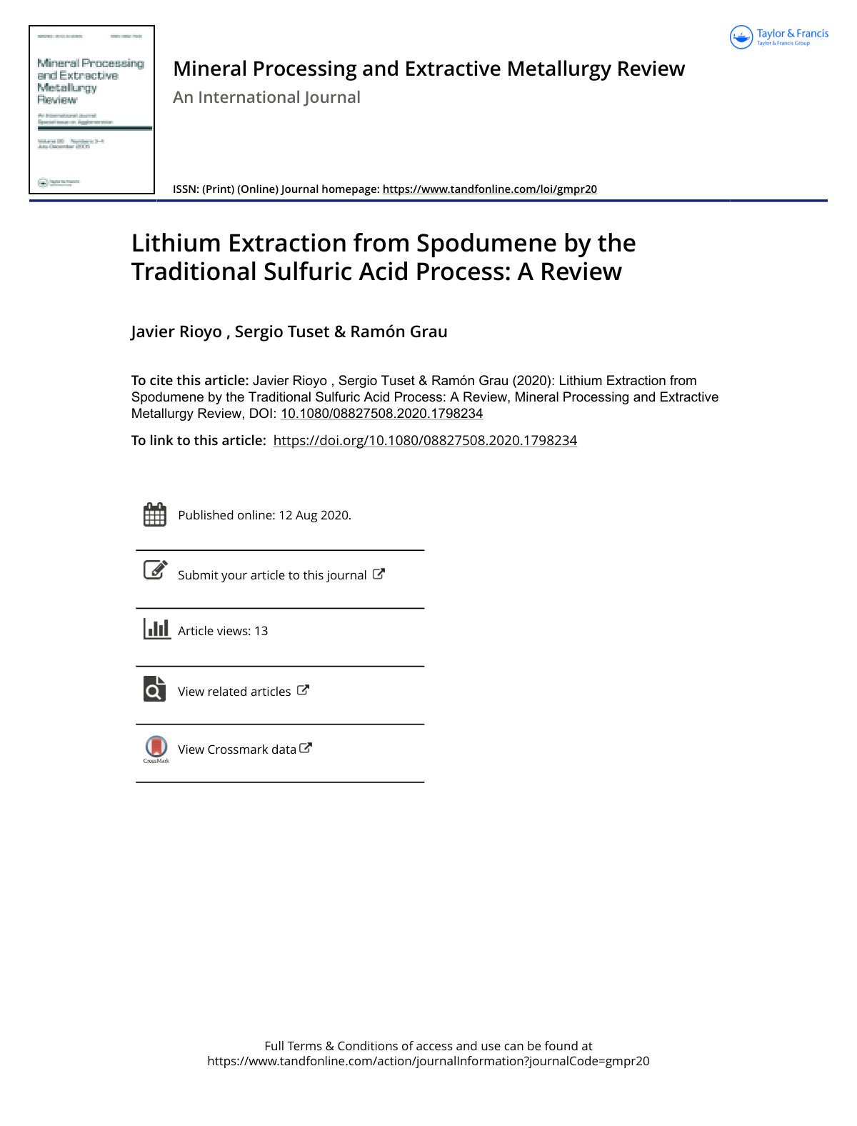 First page of Lithium Extraction from Spodumene by the