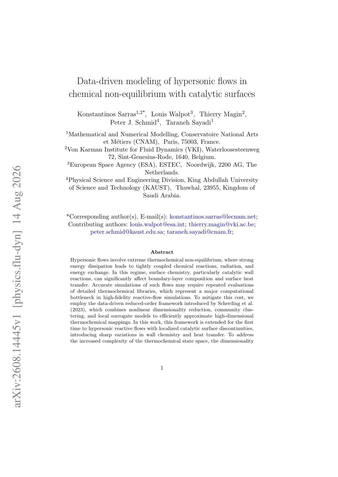 First page of 2026 Sarras Hypersonic Catalytic Flow Modeling
