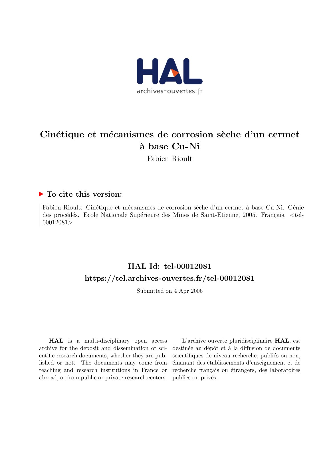 First page of Cinetique et mecanismes de corrosion s e