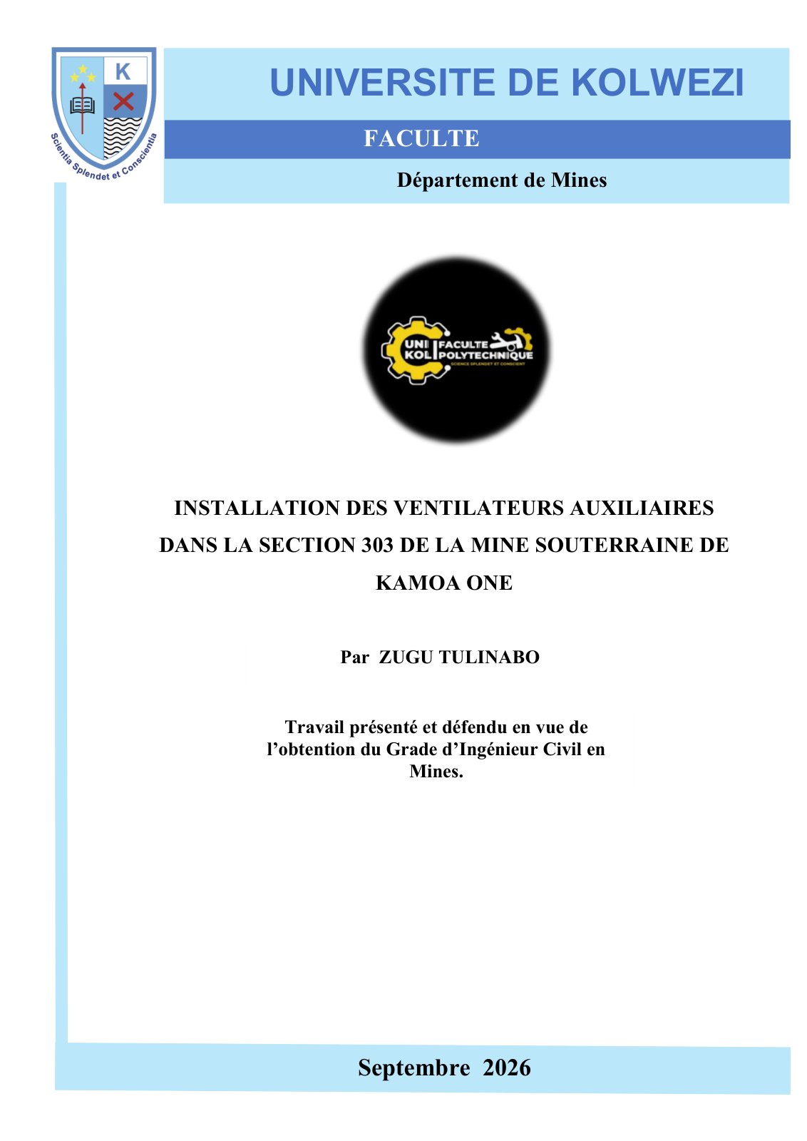 First page of Memoire ZUGU TULINABO VASTHY (BAC3 MINES)