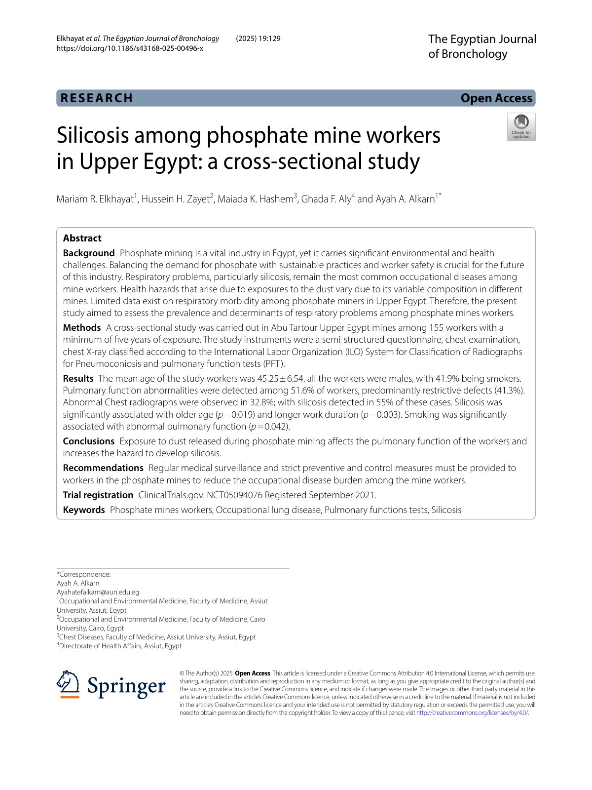 First page of Silicosis among phosphate mine workers in Upper Eg