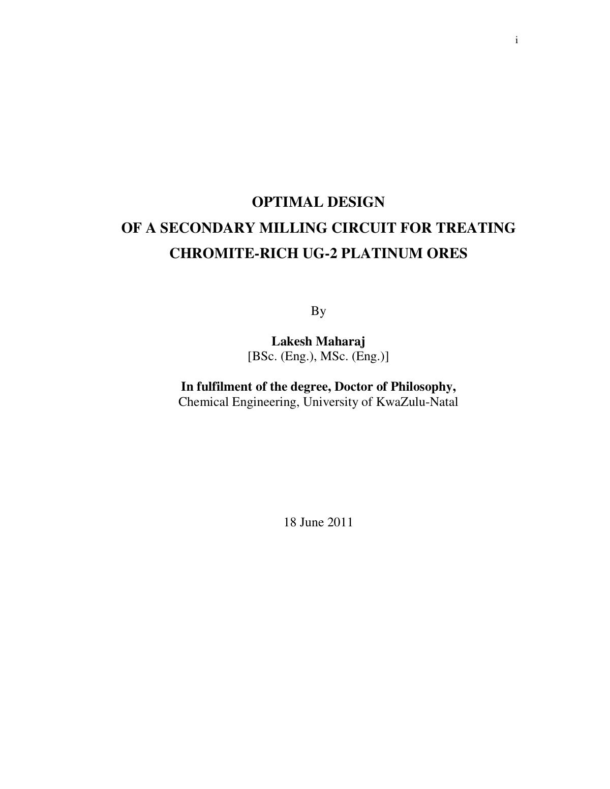 First page of Optimal Design of a Secondary Milling Circuit for Treating Chromite-Rich UG-2 Platinum Ores