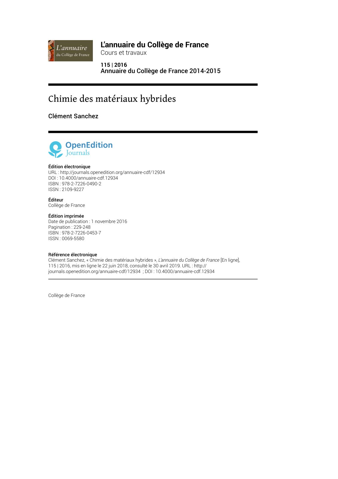 First page of Chimie des materiaux hybrides