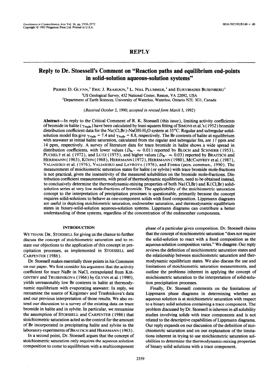 First page of Reply to Dr. Stoessell’s Comment on Reaction paths and equilibrium end-points in solid-solution aqueous-solution systems