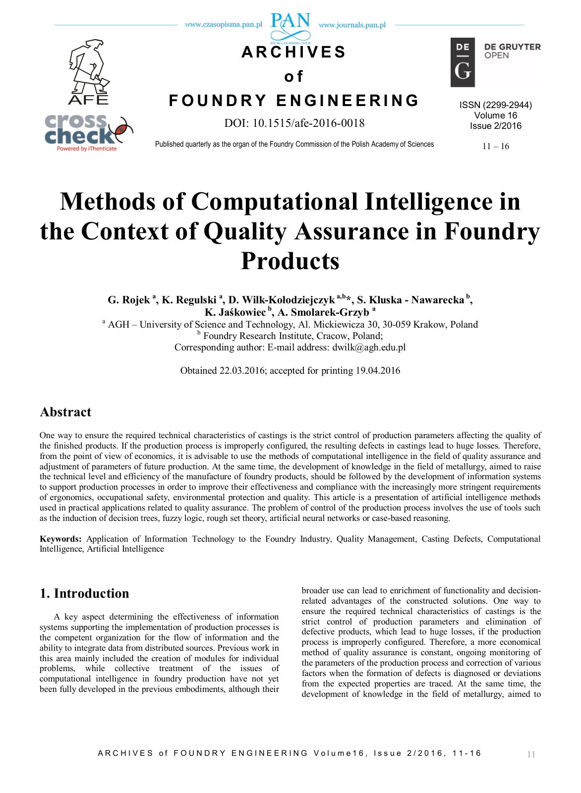 First page of 2016 Gabriel Rojek Methods of Computational Intelligence in the Context of Quality Assurance in Foundry Products afe 2016 0018