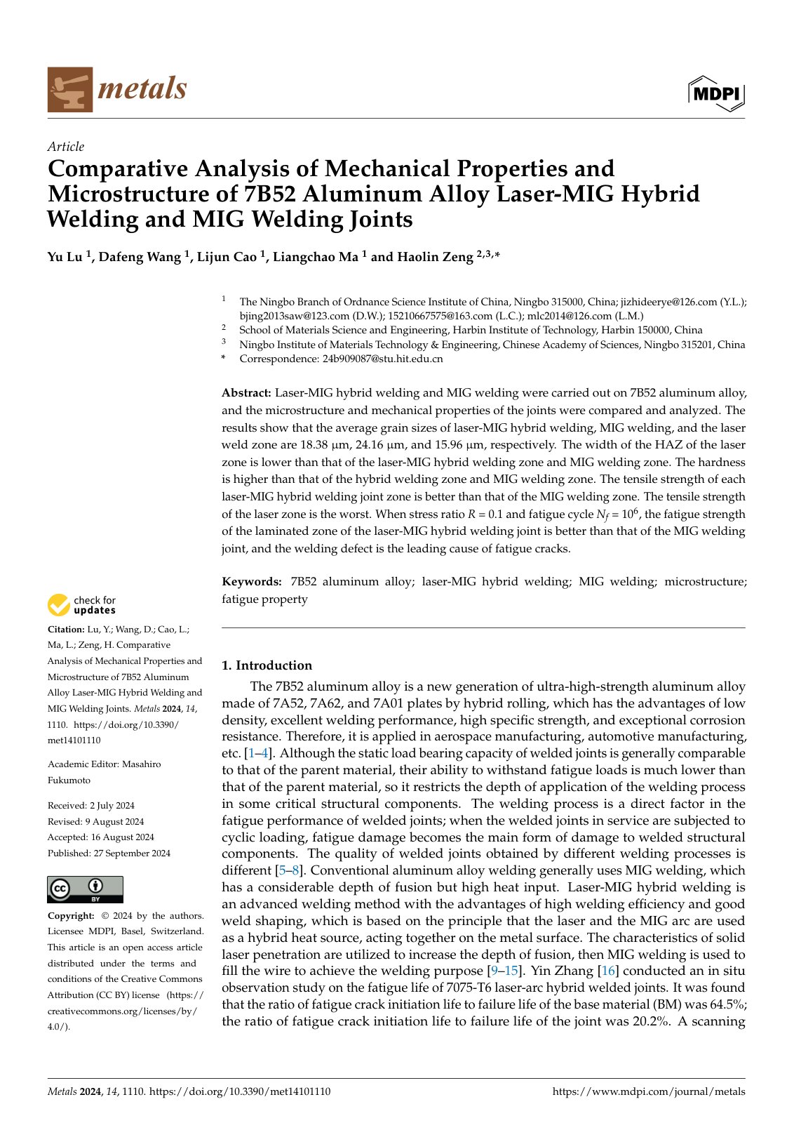 First page of Comparative Analysis of Mechanical Properties and Microstructure of 7B52 Aluminum Alloy Laser-MIG Hybrid Welding and MIG Welding Joints